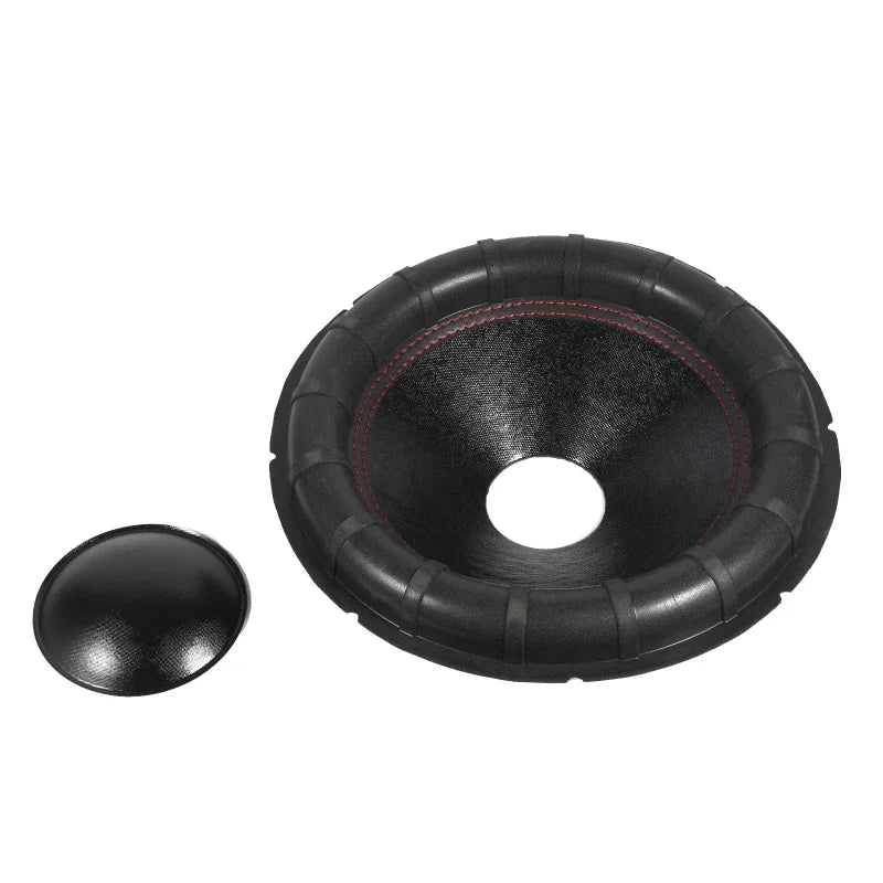 Black subwoofer cone with textured paper surface and red stitching big surround dust cap repairing kit for easy installation