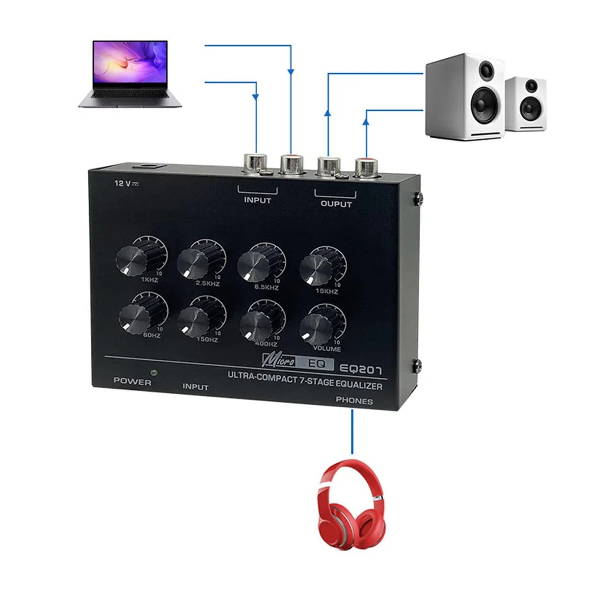 Black micre eq201 ultra-compact 7-stage band equalizers with silver knobs for sound modifiers dc12v input audio mixer use