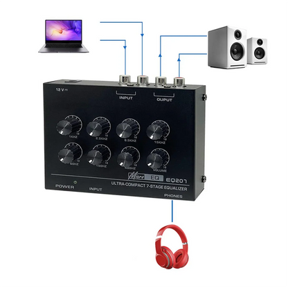 Black micre eq201 ultra-compact 7-stage band equalizers with silver knobs for sound modifiers dc12v input audio mixer use