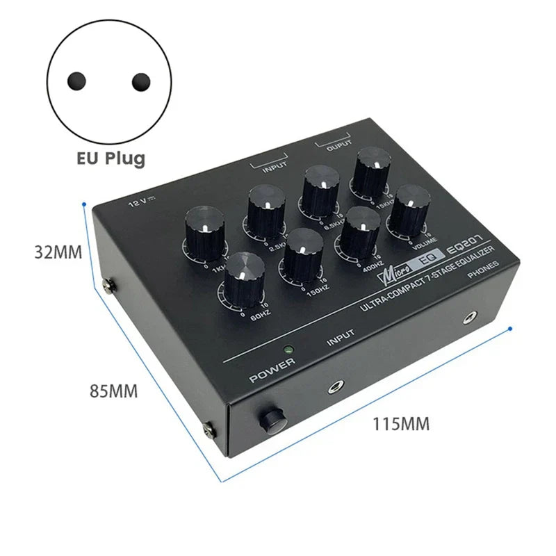 Black micro eq 6020t ultra-compact seven-stage band equalizers with black knobs for sound modifiers dc12v input audio mixer