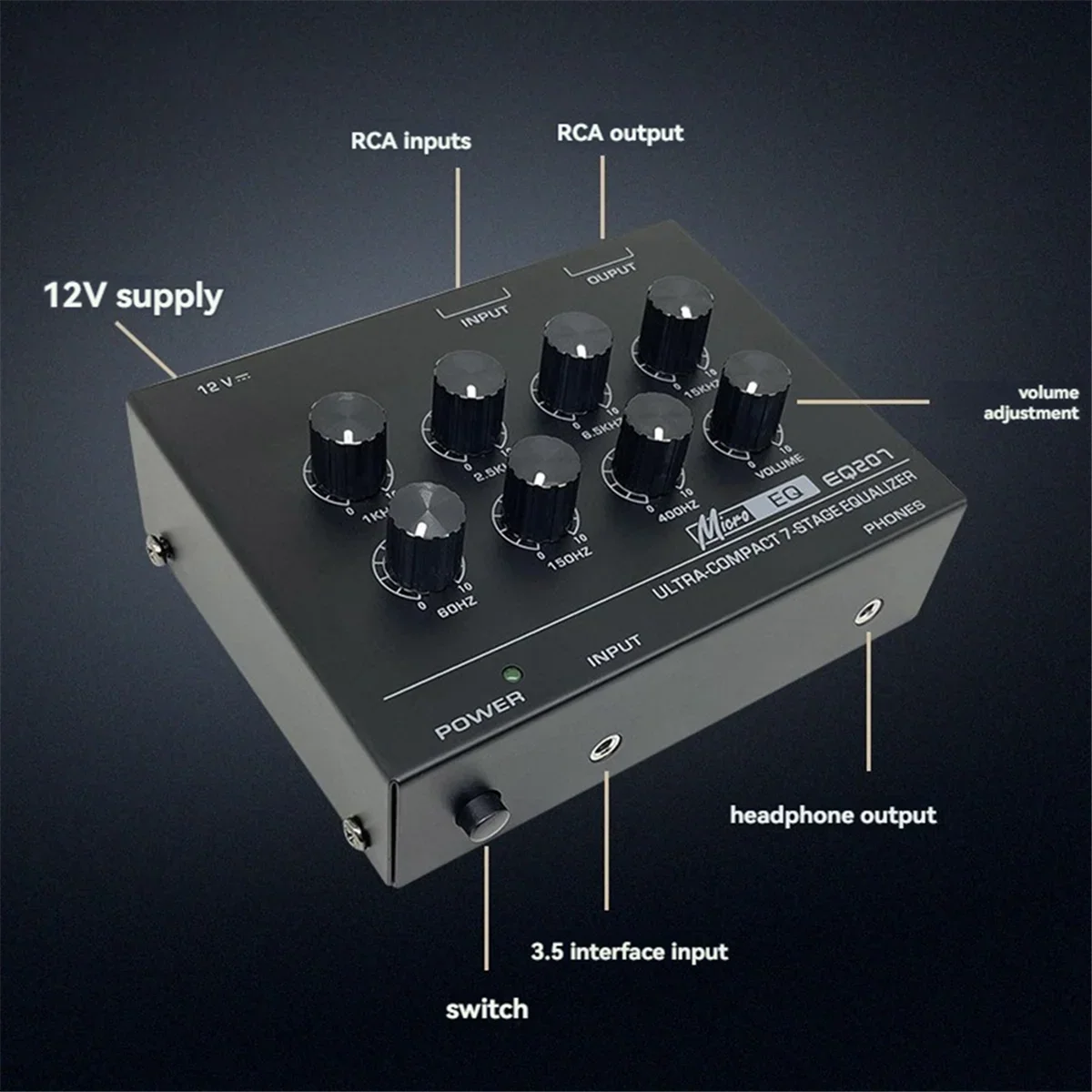 Black micro eq eq301 ultra-compact 7-stage band equalizer with black knobs silver accents for sound modifiers dc12v input audio mixer
