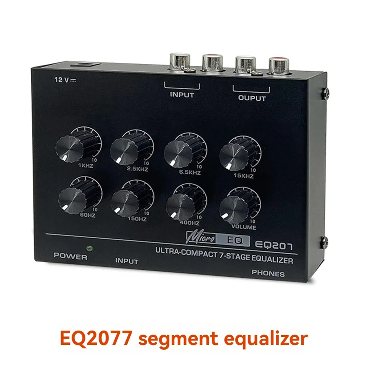 Black micro eq eq207 ultra-compact 7-stage band equalizers with silver knobs and sound modifiers dc12v input audio mixer ports