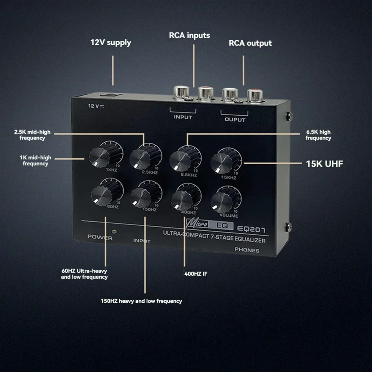Black micro eq201 ultra-compact 7-stage band equalizer with silver knobs and sound modifiers dc12v input audio mixer connections