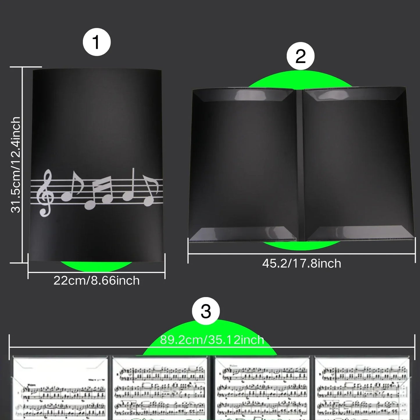 Premium piano sheet music clip in black with silver musical notes featuring a durable tri-fold design six-page capacity