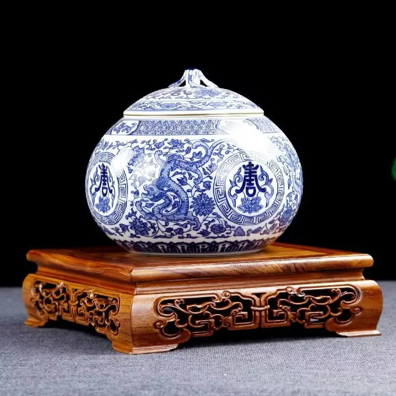 A traditional blue and white porcelain jar with dragon motifs on a premium wooden pedestal for figurines vases flower decor