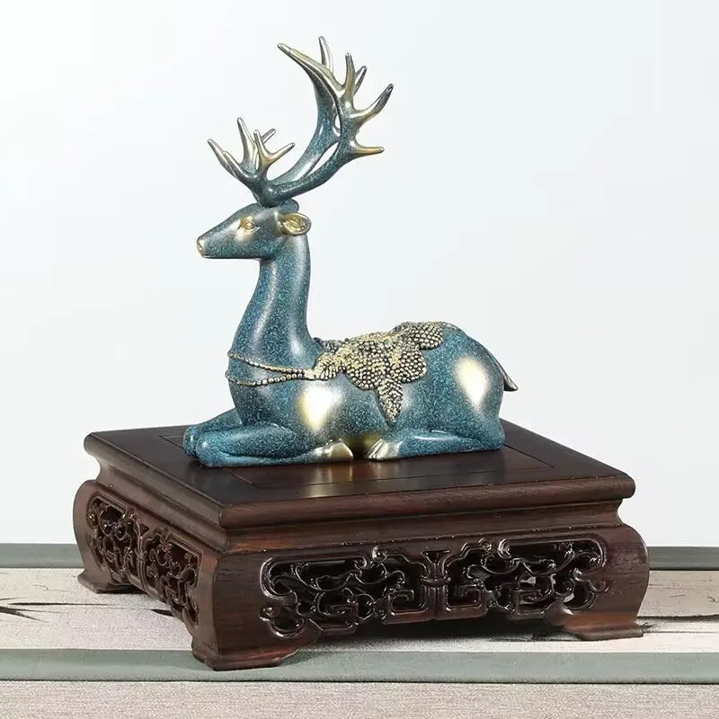Blue and gold resin deer figurine with intricate beaded back detail on a premium wooden pedestal for figurines vases flower