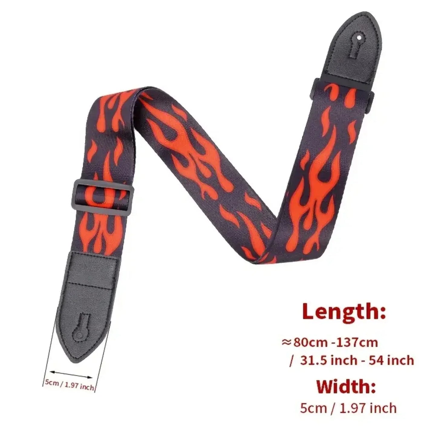Black leather guitar strap with vibrant orange flame pattern premium woodgrain leather fits classical electric bass guitars