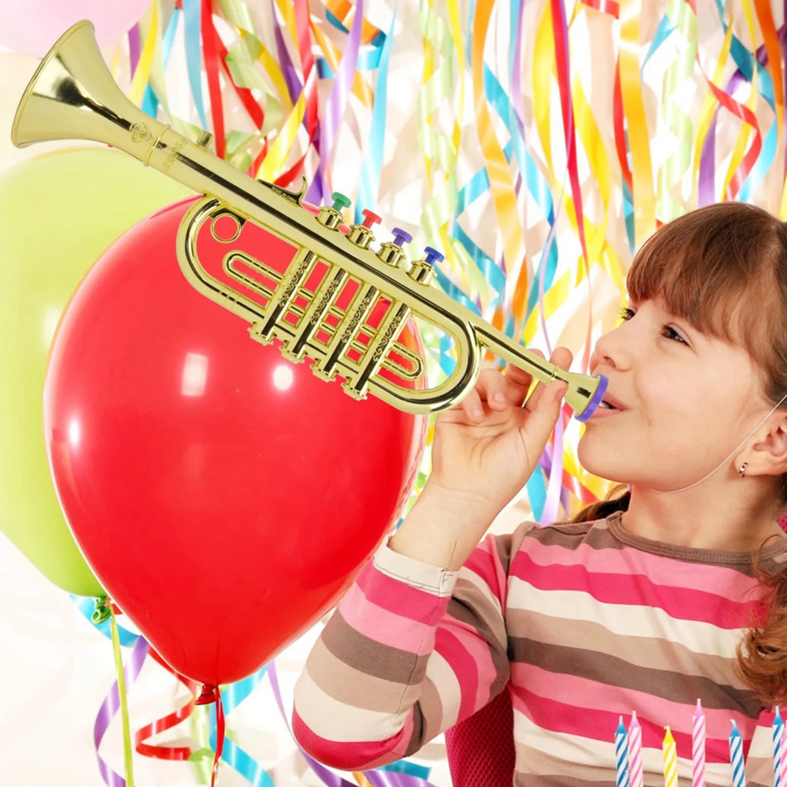 Golden coated plastic kid trumpet with colorful valve caps preschool music gift wind instrument for children
