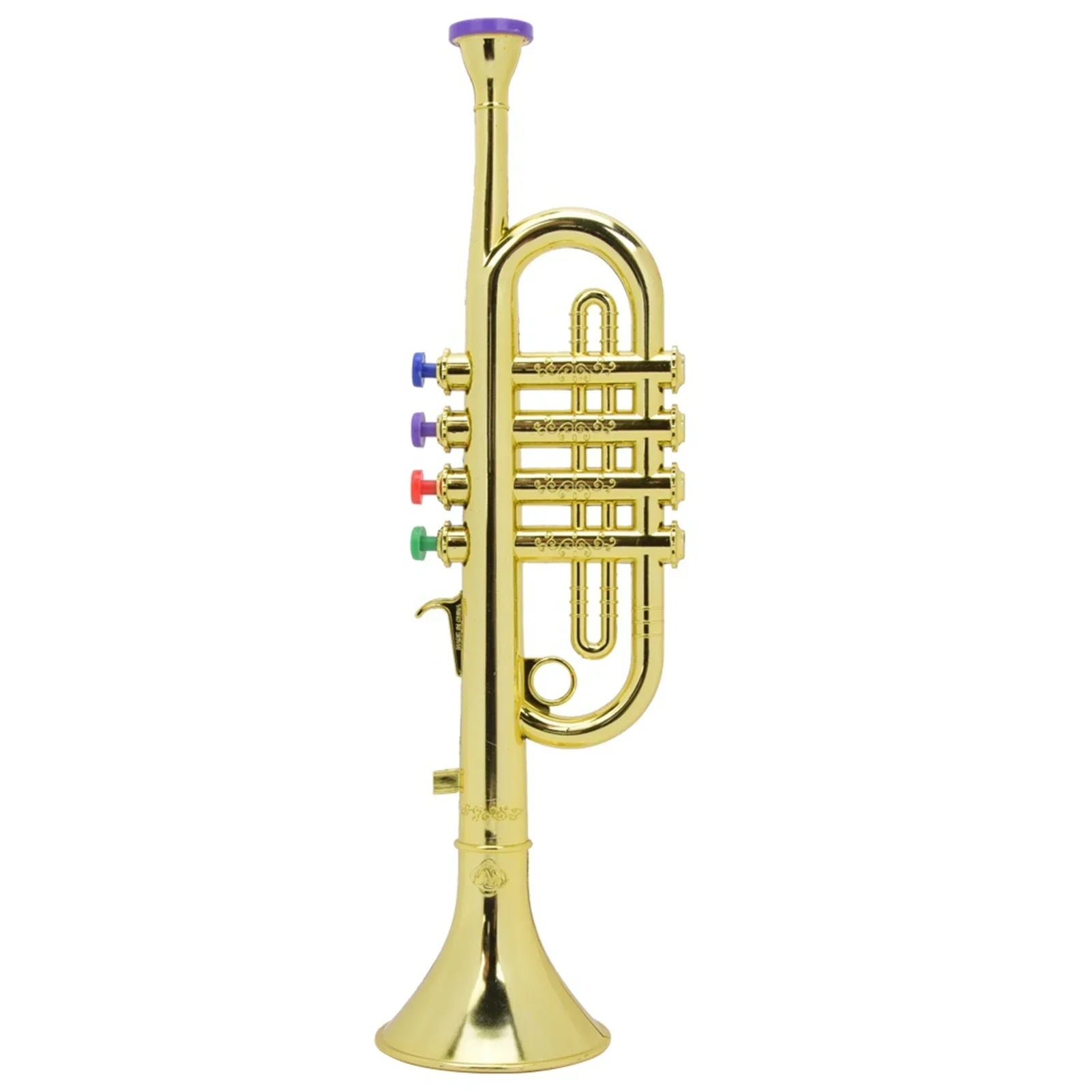 Golden coated plastic kid trumpet with colorful valve caps ideal as a preschool music gift wind instrument