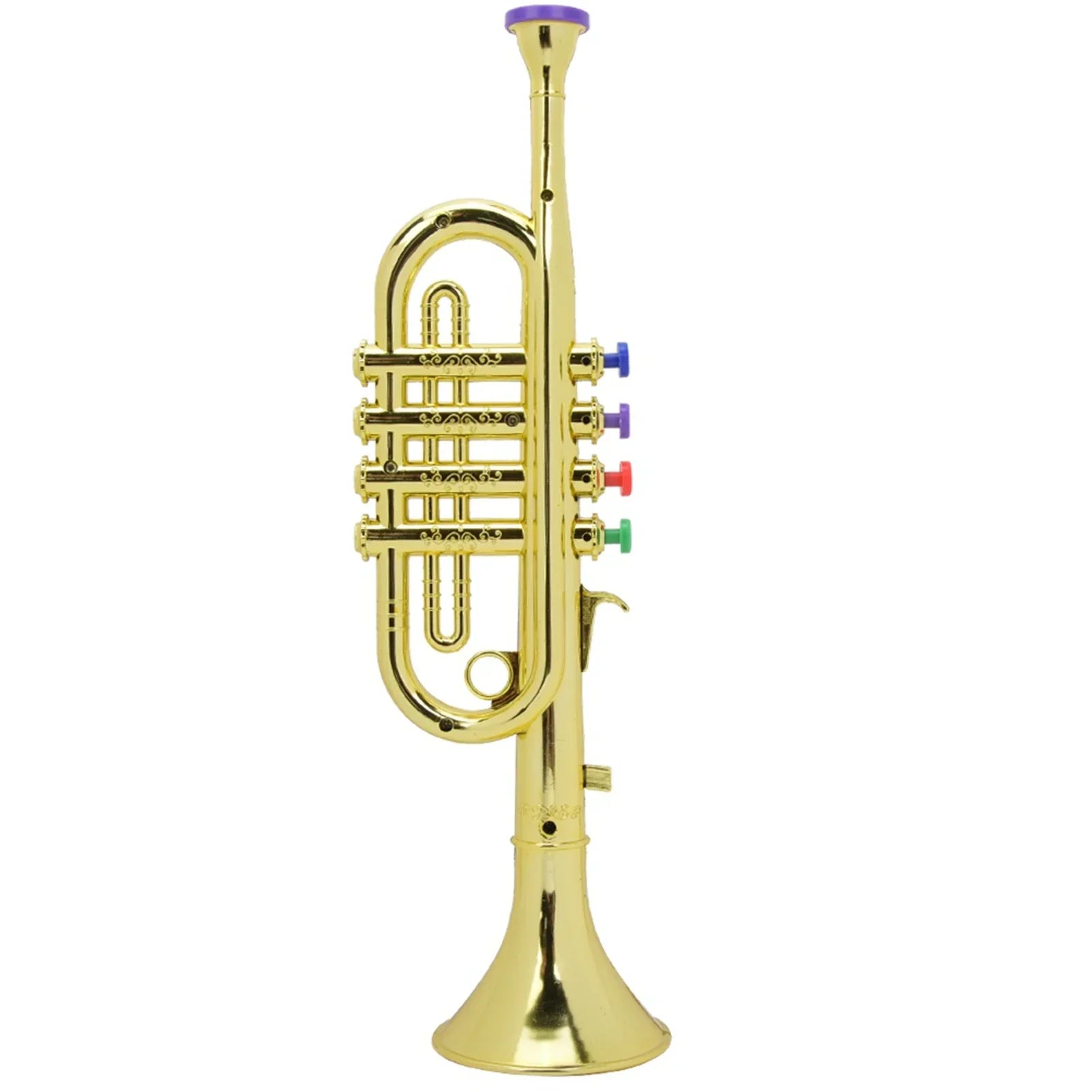 Preschool music gift kid trumpet golden coated plastic with gold color and colorful blue red green valve caps