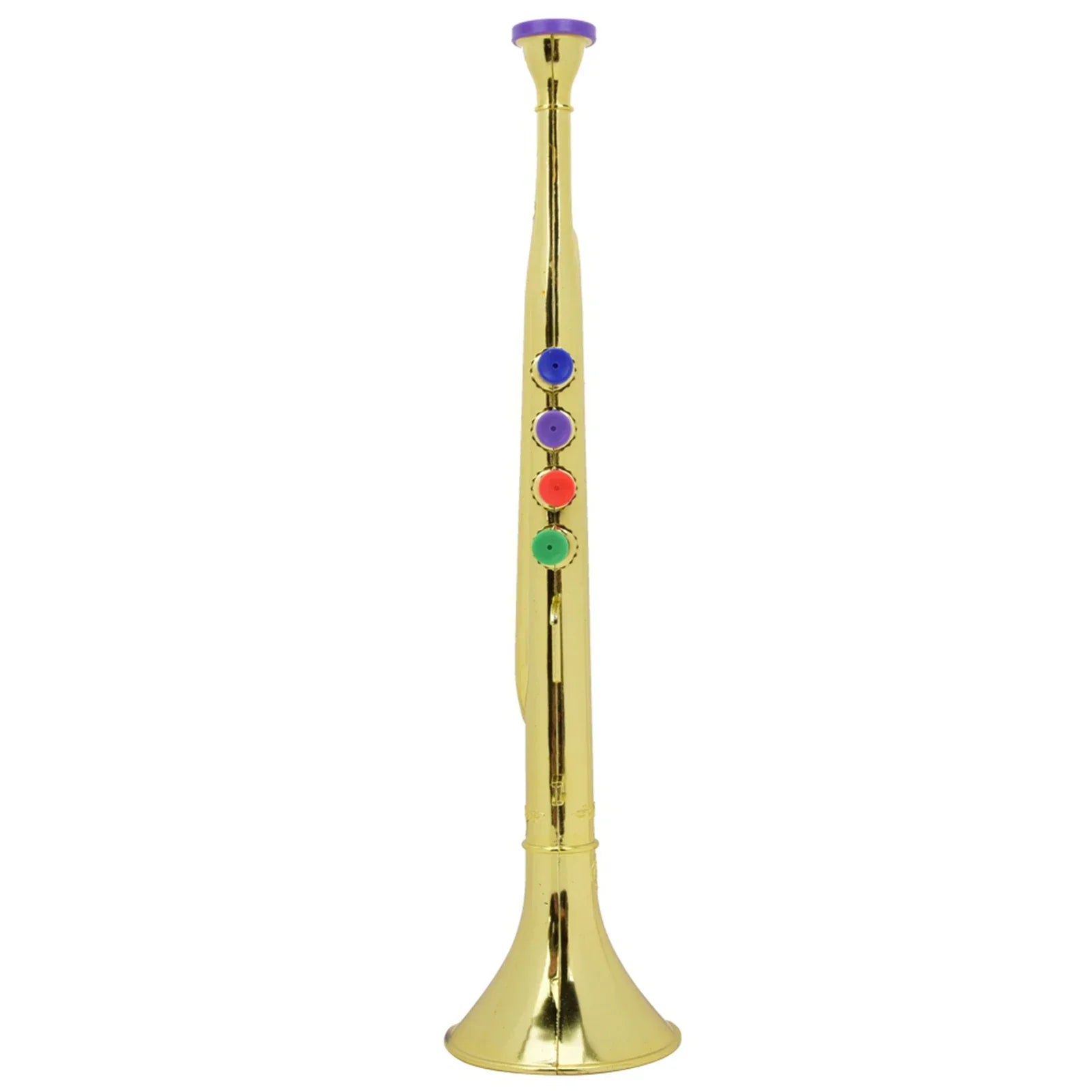 Golden coated plastic kid trumpet with purple mouthpiece and colorful buttons ideal preschool music gift instrument