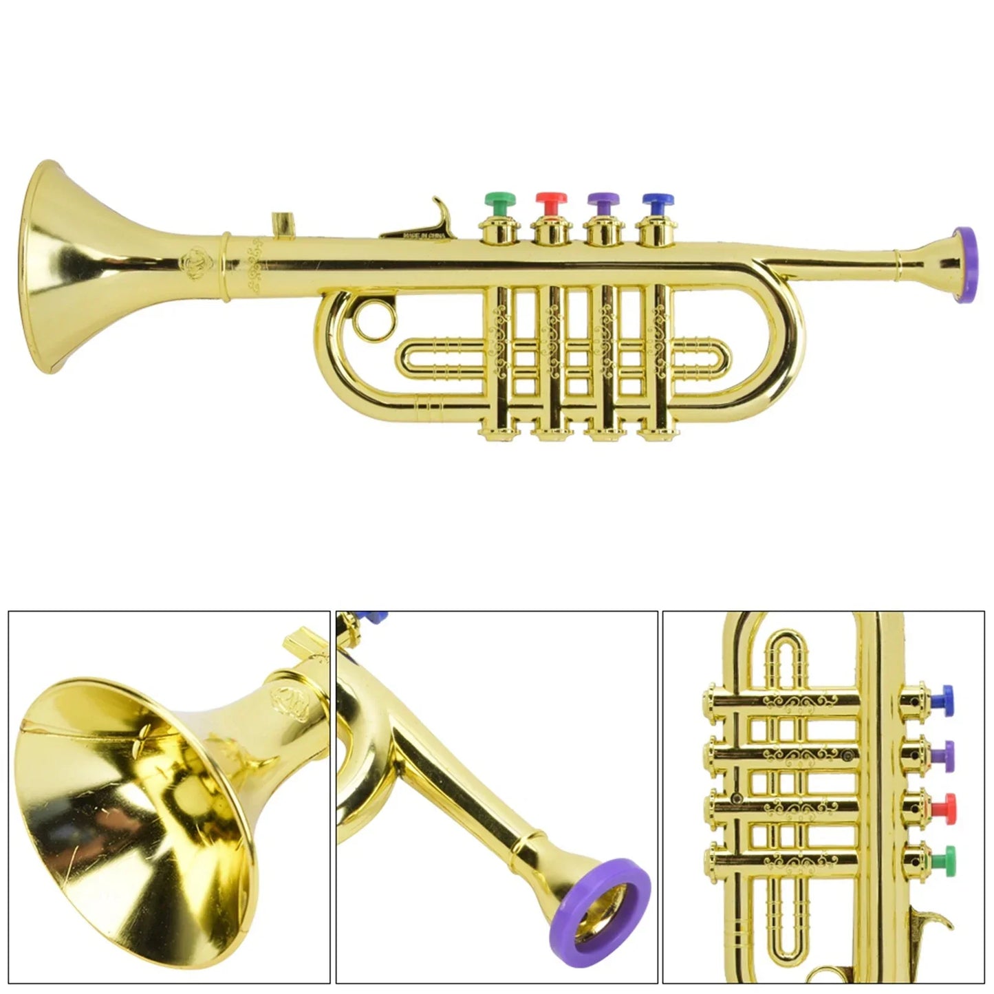 Golden coated plastic kid trumpet with colorful valve caps green red purple and blue preschool music gift instrument