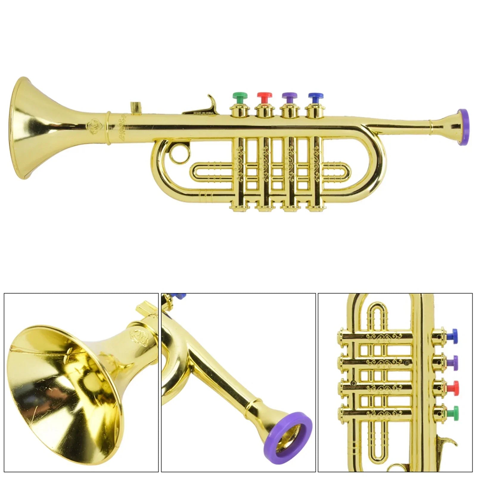 Golden coated plastic kid trumpet with colorful valve caps green red purple and blue preschool music gift instrument