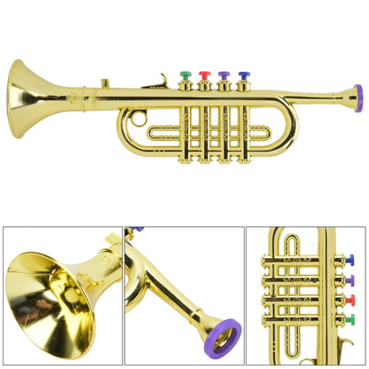 Golden coated plastic kid trumpet with colorful valve caps green red purple and blue preschool music gift instrument