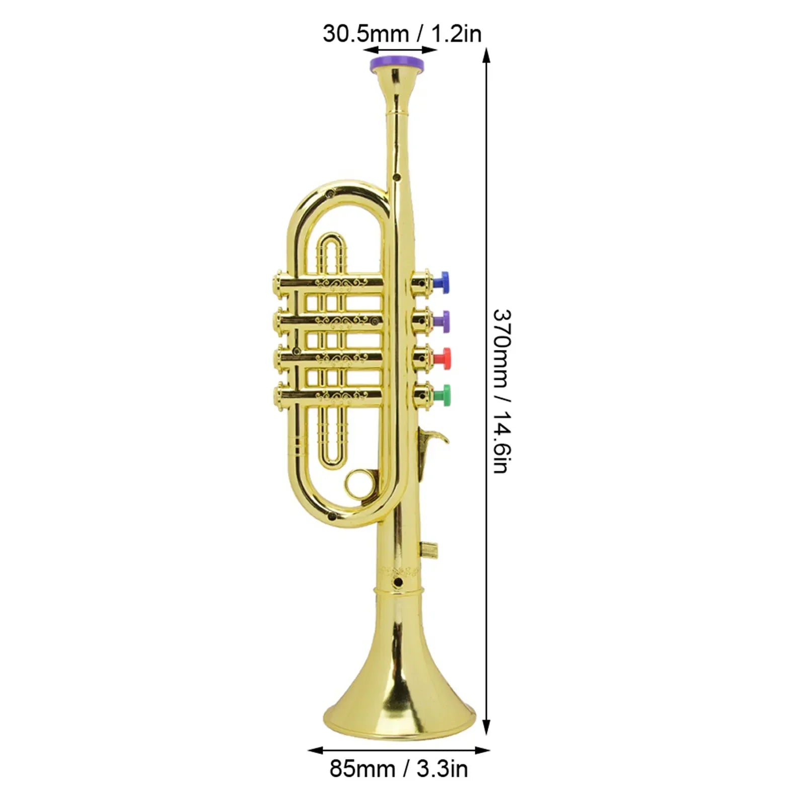 Golden coated plastic kid trumpet with colorful valve caps ideal as a preschool music gift wind instrument