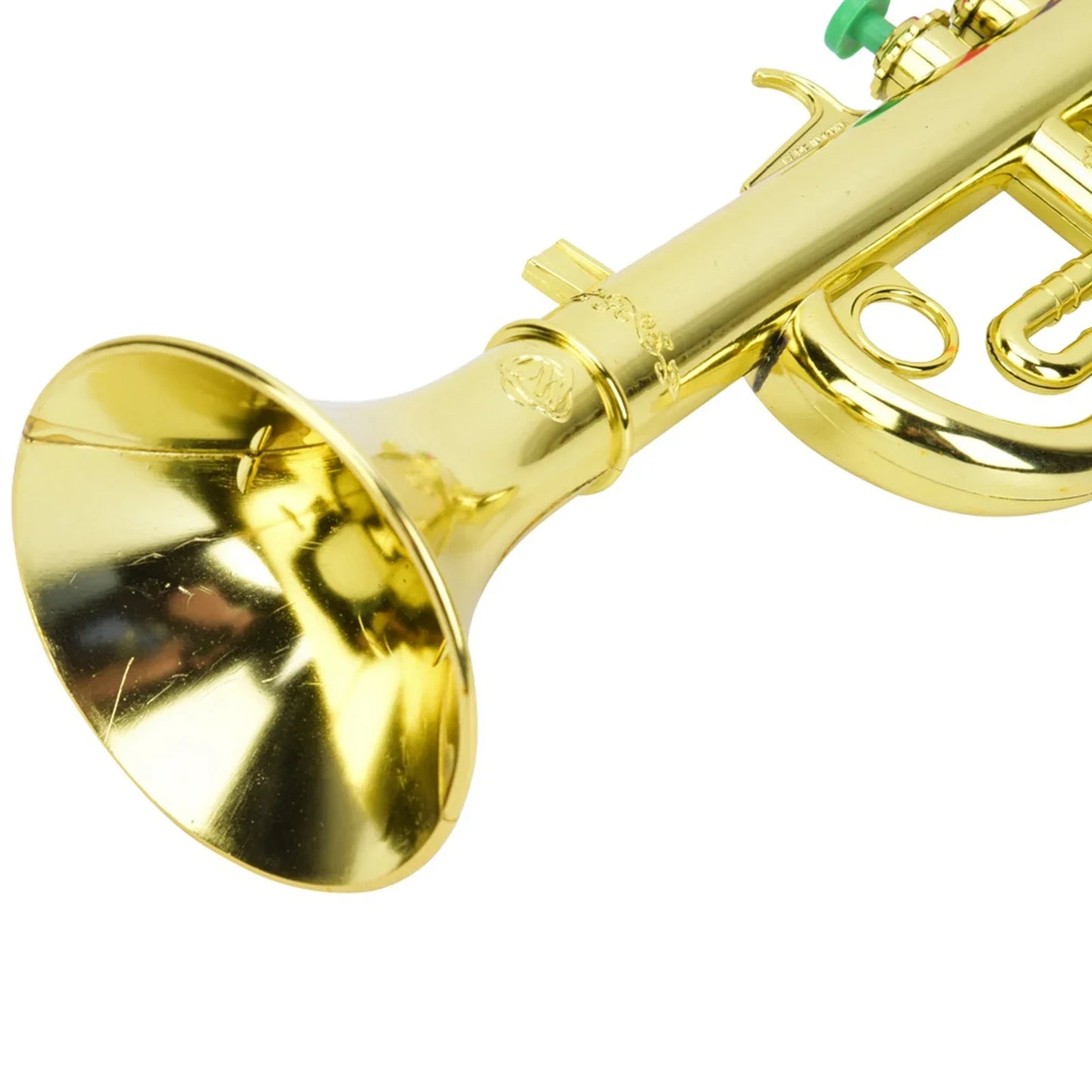 Golden coated plastic kid trumpet with shiny brass finish and green valve caps perfect preschool music gift