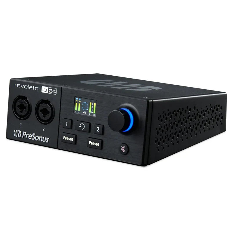 Black presonus revelator io24 audio interface usb sound card with two xlr inputs glowing blue knob and illuminated display for live recording controller