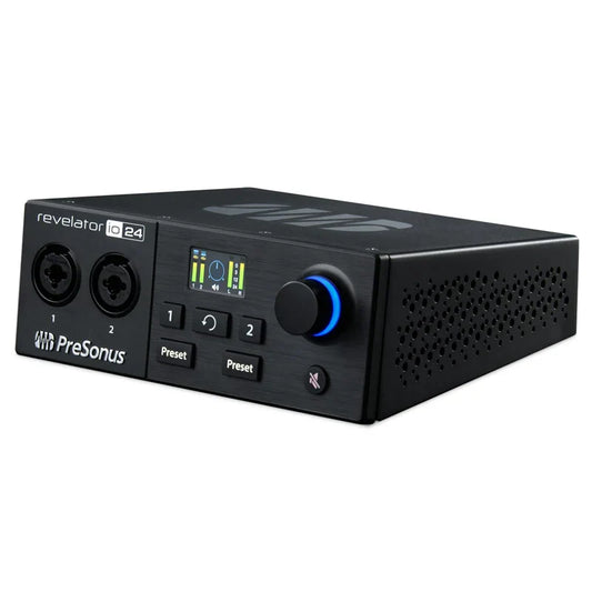 Black presonus revelator io24 usb sound card with two xlr inputs glowing blue knob and illuminated display for live recording controller