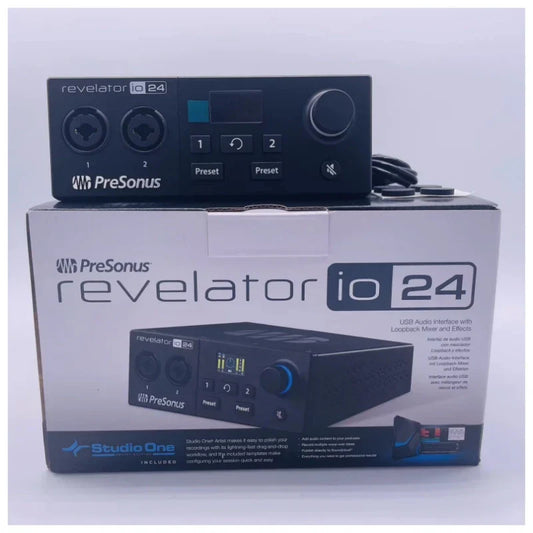 Black presonus revelator io24 usb sound card with two xlr inputs blue-lit buttons and large knob for live recording controller