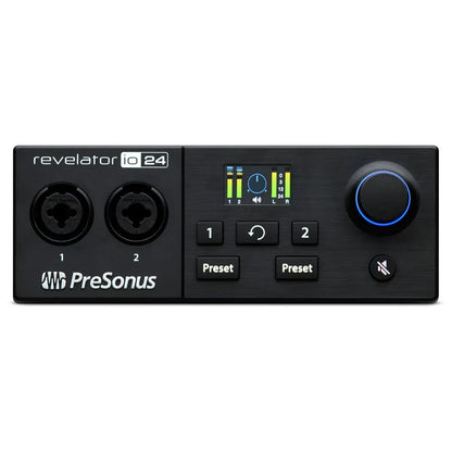 Black presonus revelator io24 usb sound card with glowing blue knob and illuminated display for live recording controller