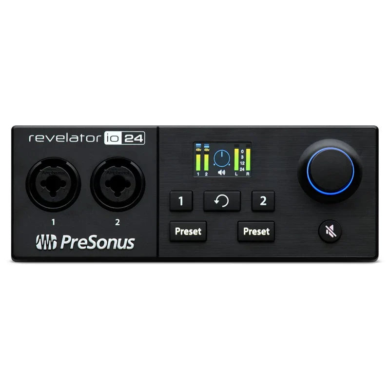 Black presonus revelator io24 usb sound card with glowing blue knob and illuminated display for live recording controller