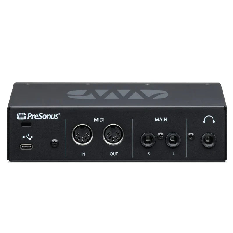 Black presonus revelator io24 usb sound card live recording controller back with usb-c midi and stereo output connectors