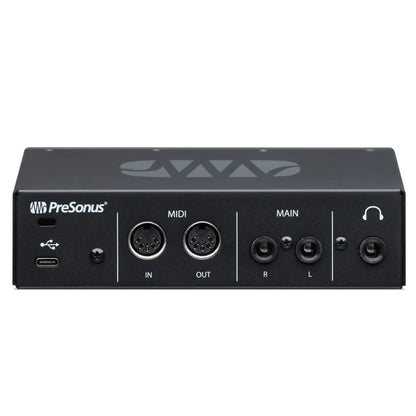 Black presonus revelator io24 usb sound card live recording controller back with usb-c midi and stereo output connectors