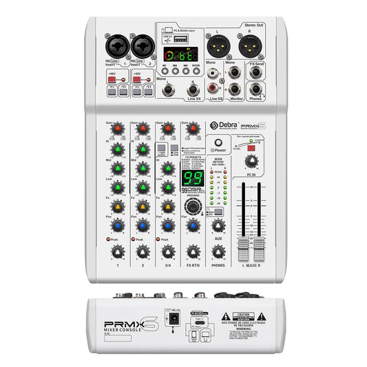 White deba prmx6 4-channel audio mixer with dsp effects studio features and silver input jacks for studio computer recording