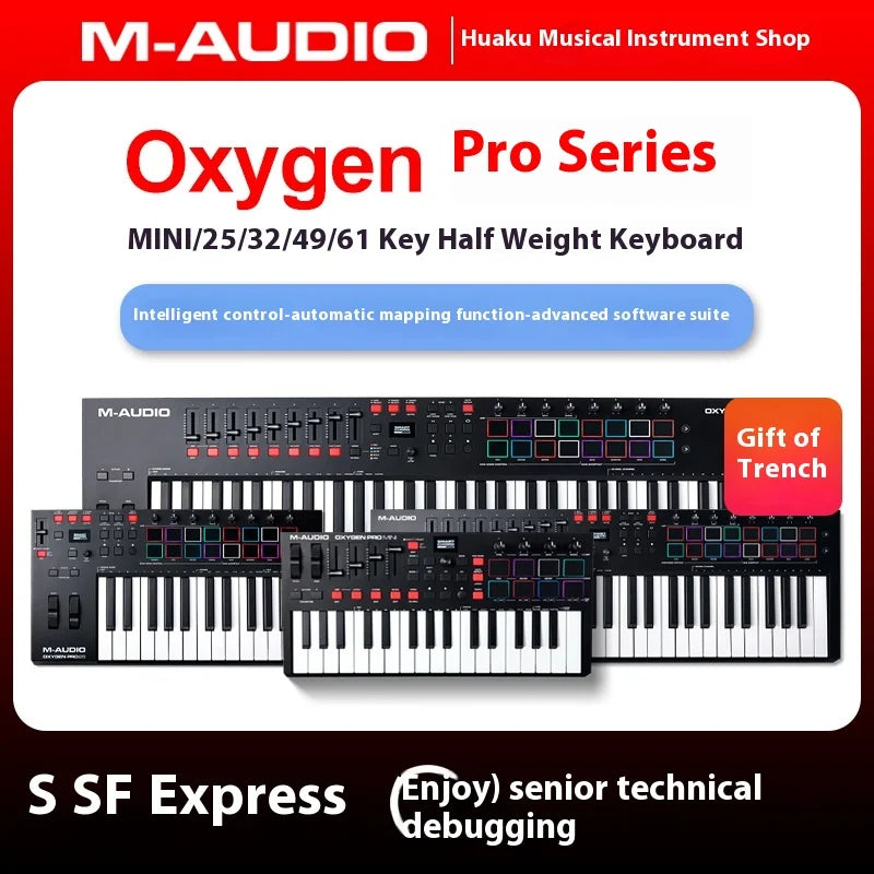 Black m-audio oxygen pro series 49 key usb midi controller lightweight plastic keyboard for music orchestration laptop use