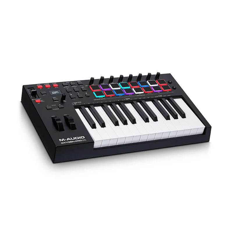 Black m-audio oxygen pro 25 usb midi controller with colorful backlit pads and piano-style keys for music orchestration laptop use