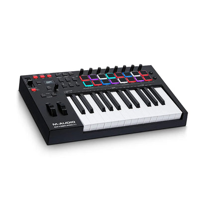 Black m-audio oxygen pro 25 usb midi controller with colorful backlit pads and piano-style keys for music orchestration laptop use