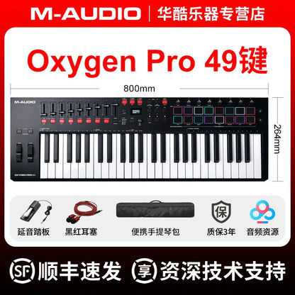 Black m-audio oxygen pro 49-key usb midi controller lightweight plastic keyboard with red knobs for music orchestration laptop