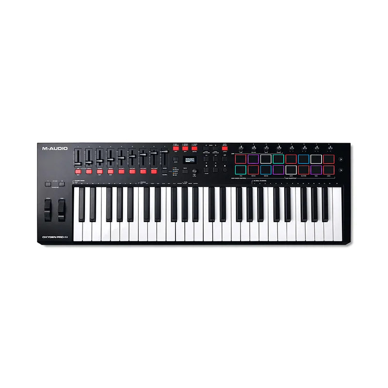 Black m-audio oxygen pro 49 usb midi controller lightweight plastic keyboard with backlit pads for music orchestration laptop