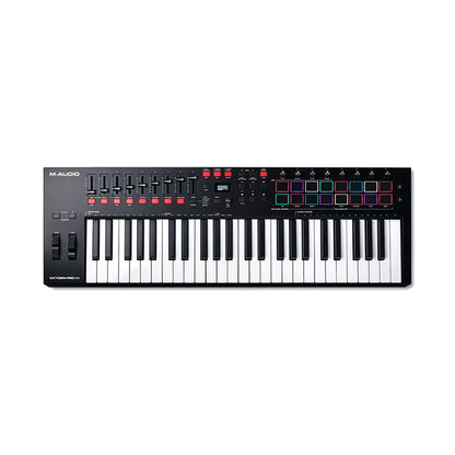 Black m-audio oxygen pro 49 usb midi controller lightweight plastic keyboard with backlit pads for music orchestration laptop