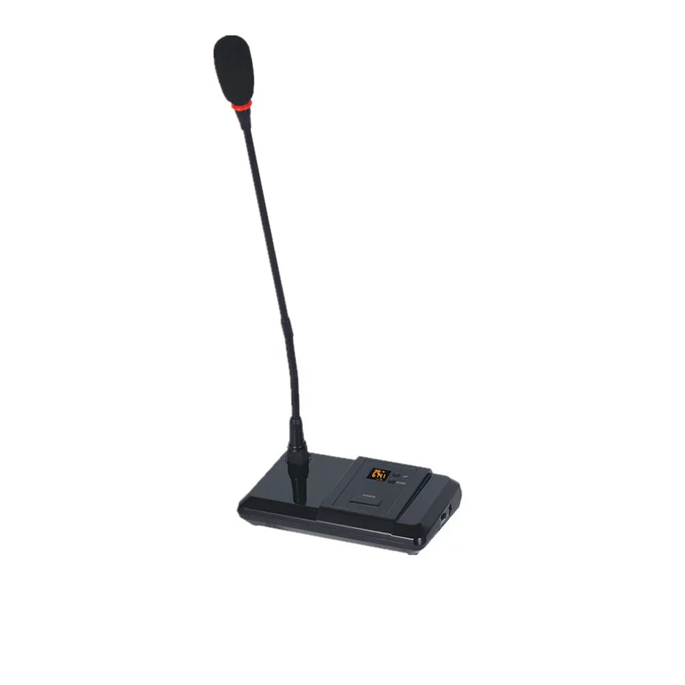 Black desktop microphone with flexible table wireless gooseneck and red accent ring for rechargeable transmitter portable use
