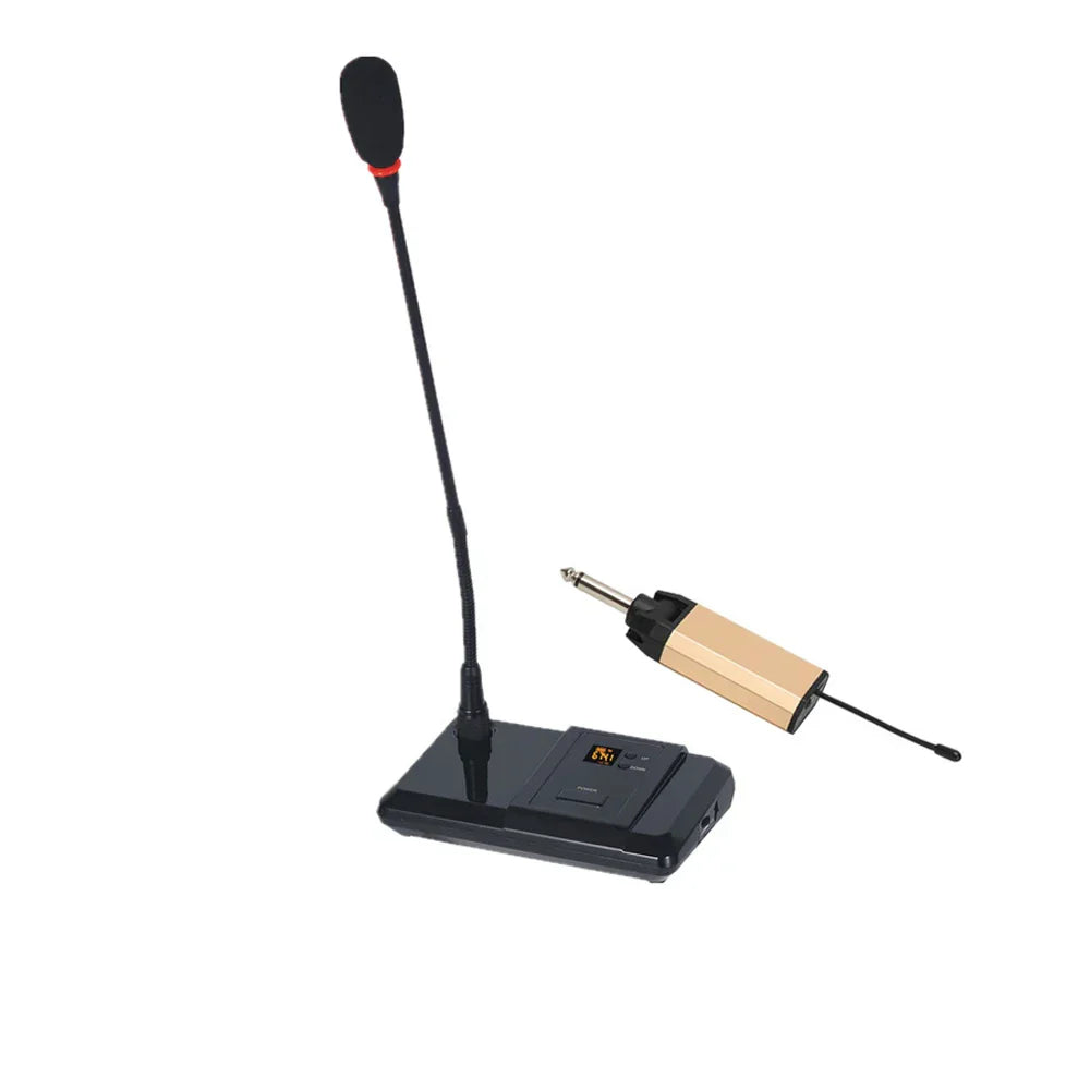 Black rechargeable transmitter portable lavalier microphone system with gold receiver and table wireless gooseneck stand