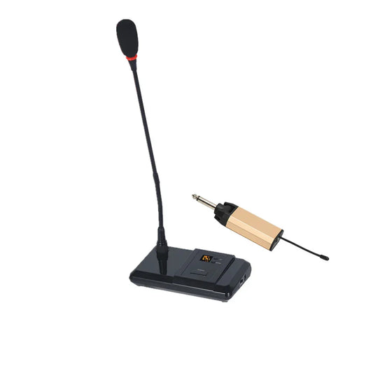 Black rechargeable transmitter portable lavalier microphone system with gold receiver and table wireless gooseneck stand
