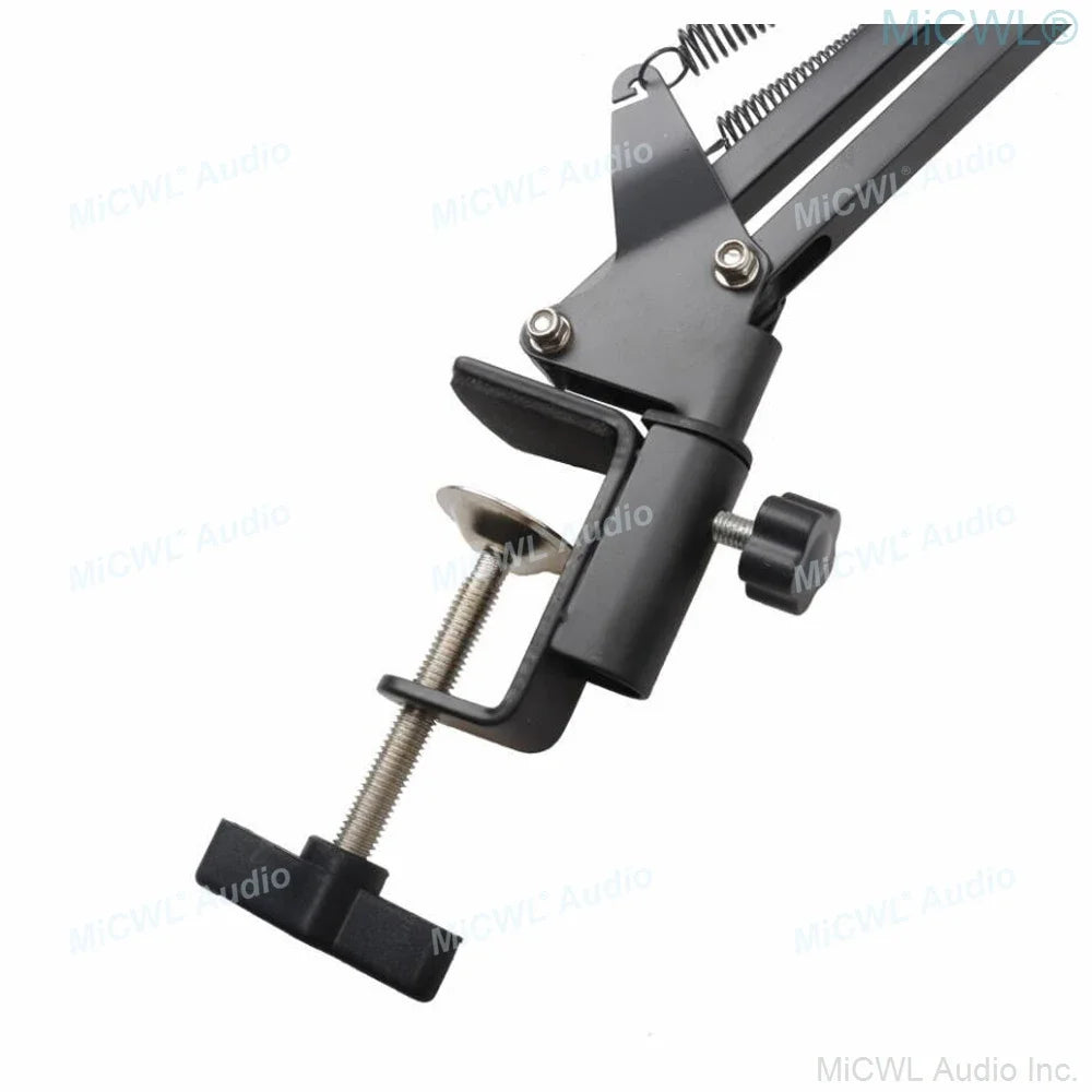 Black adjustable microphone stand clamp with threaded screw and plastic knob for secure mounting of pro studio condenser recording audio microphone