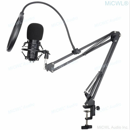 Black pro studio condenser recording audio microphone with shock mount foam pop filter and adjustable arm mount