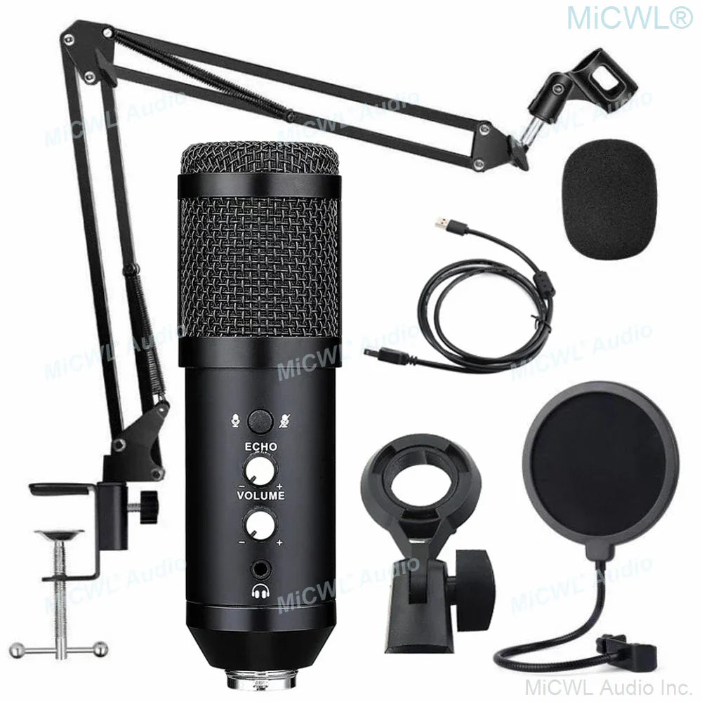 Black usb microphone cardioid condenser studio recording mic with mesh grille and echo volume knobs on flexible arm stand