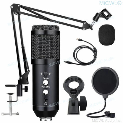 Black usb microphone cardioid condenser studio recording mic with mesh grille and echo volume knobs on flexible arm stand
