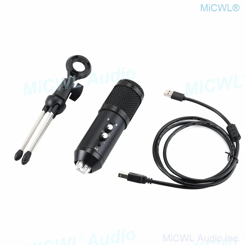Black micwl usb microphone cardioid condenser studio recording live with mesh grille and control buttons for pc and laptop