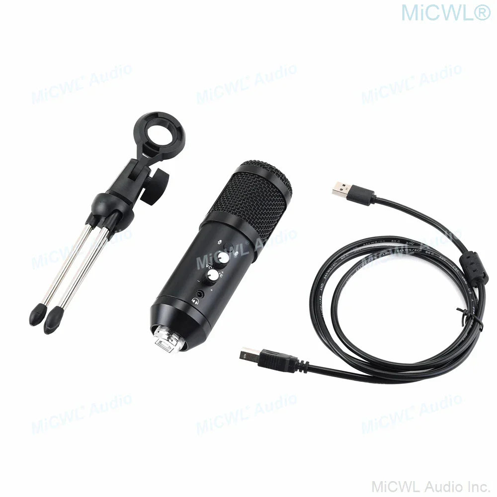 Black usb microphone cardioid condenser studio recording live with mesh grille and control buttons for laptop pc