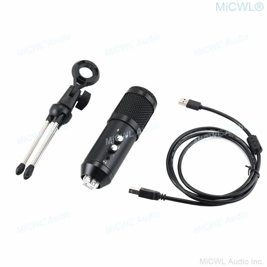 Black usb microphone cardioid condenser studio recording live with mesh grille and control buttons for laptop pc