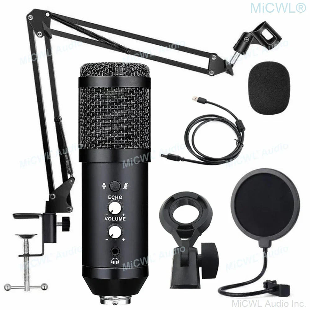 Black usb microphone cardioid condenser with mesh grille and control knobs on flexible arm for studio recording live