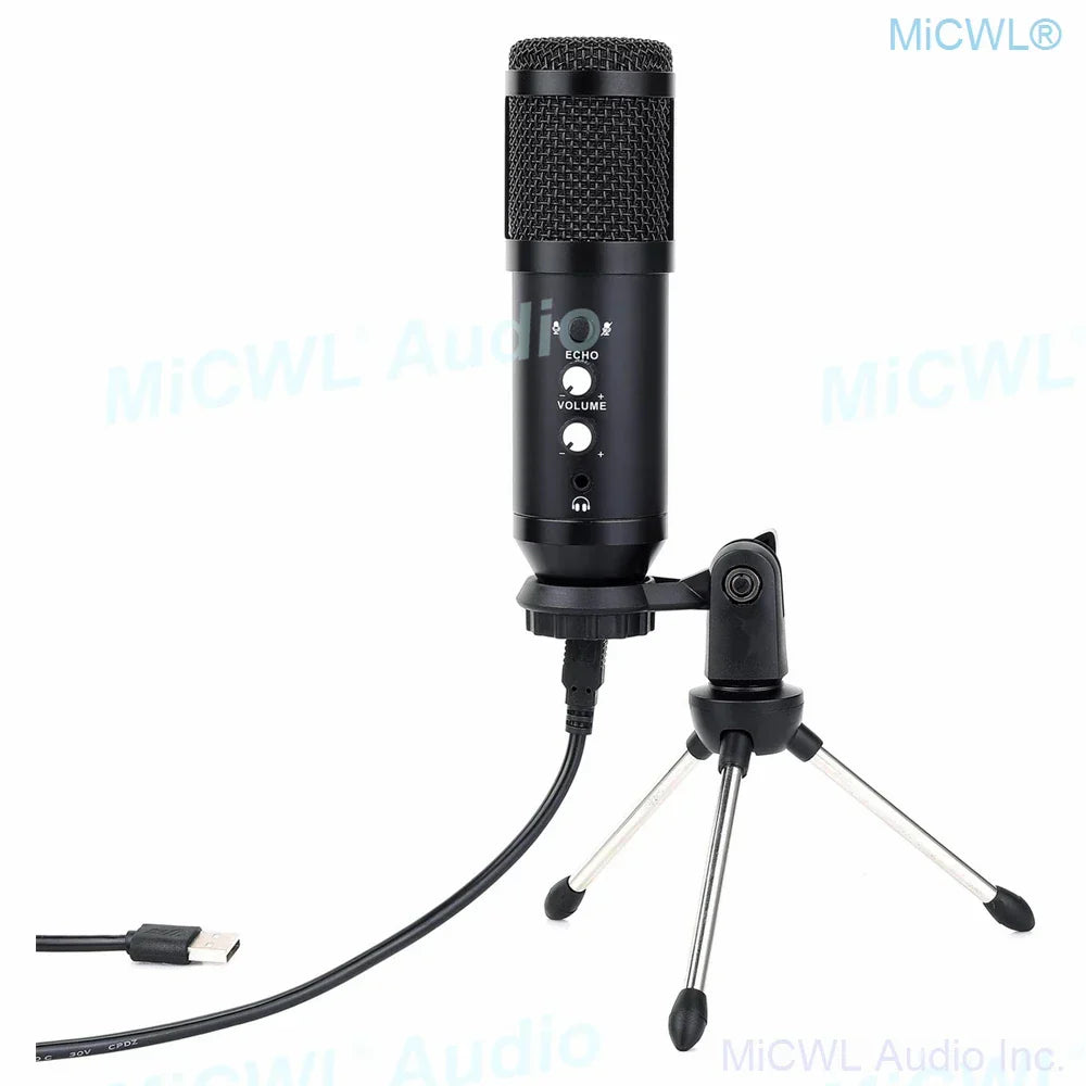Black usb microphone cardioid condenser studio recording with mesh grille and control knobs on tripod stand for live use
