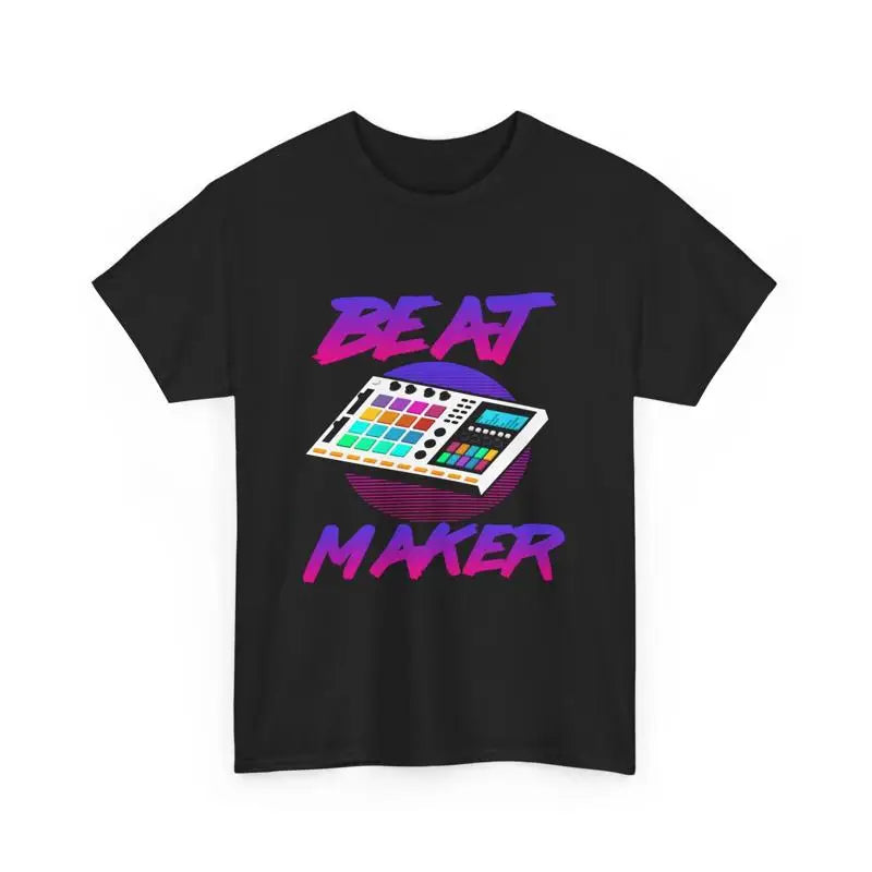 Black cotton t-shirt with vibrant retro beat maker controller graphic in neon for producer artist production use