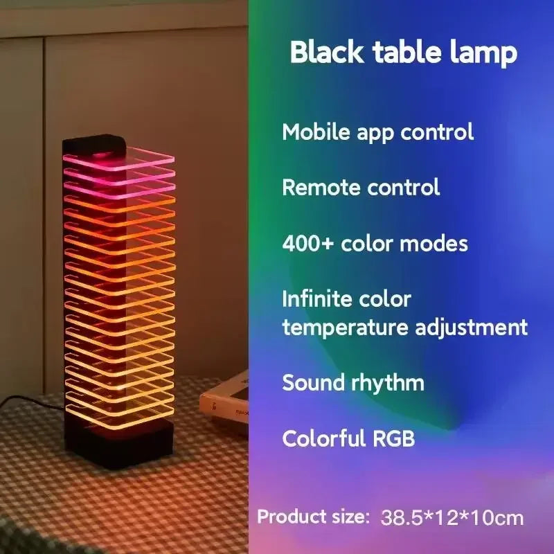 Black table lamp with sleek tiered design and vibrant rgb led strips for tower voice control led smart lighting
