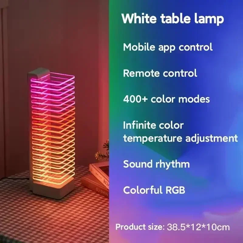 A modern white product manufacturer desk tower voice control led lamp with rectangular design and vibrant rgb strips