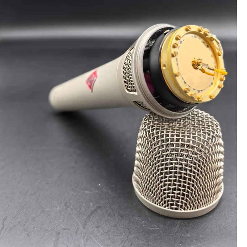 Beige condenser microphone 34mm with gold grille and red logo for live streaming recording and studio use